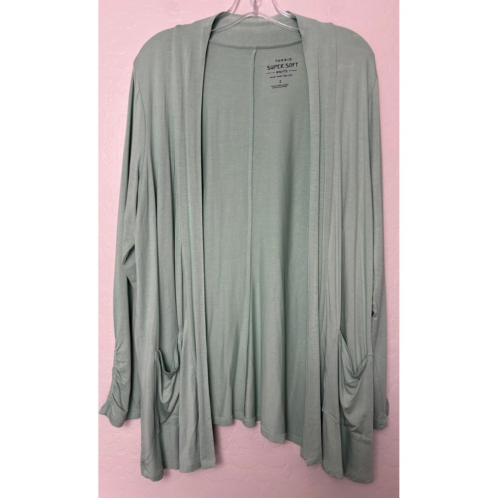 Torrid Super Soft Knits Sage Green Open Front Pocket Cardigan 1X 2303